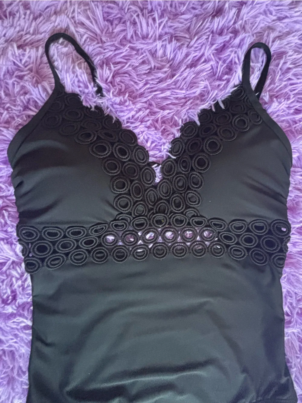 Black One-Piece Swimsuit with Decorative Waist Trim